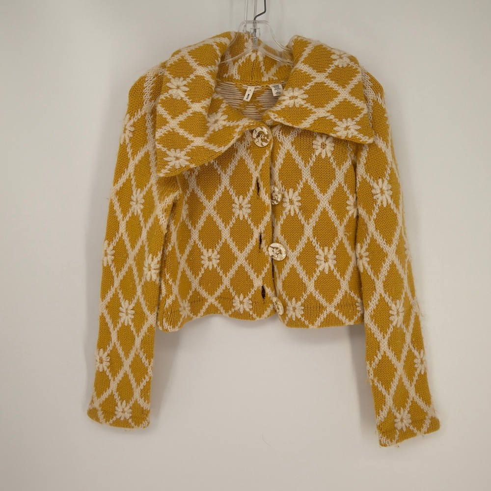 Moth Anthropologie Cardigan Womens S Yellow Daisy Diamond Merino Cashmere Boho